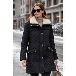 Michael Kors Quilted Black Coat Faux Shearling Collar Women’s Winter Jacket L